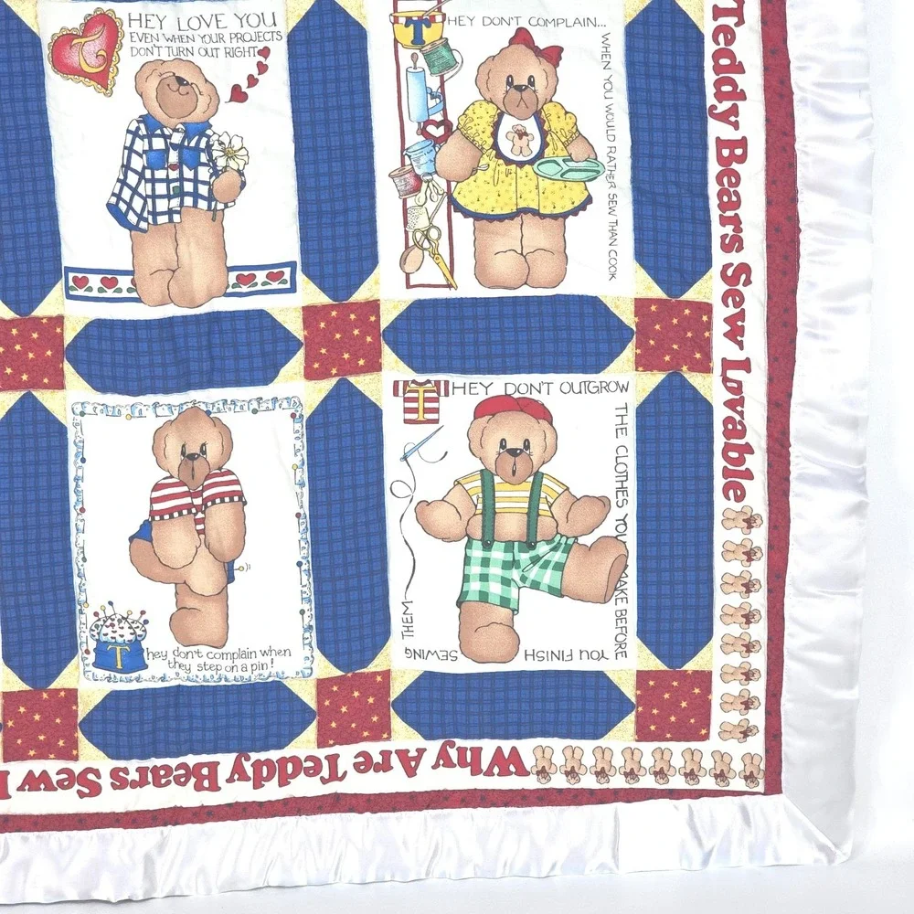 Hand Sewn Patchwork‎ Quilt 37x33 Satin Teddy Baby Vintage 1997 Granny Cottage